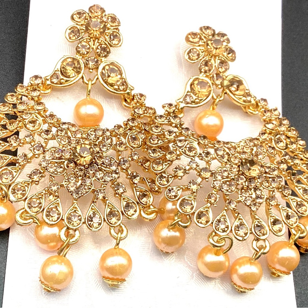 New Pakistani Indian 1% Gold Polished Dangle Earrings with champagne color stone